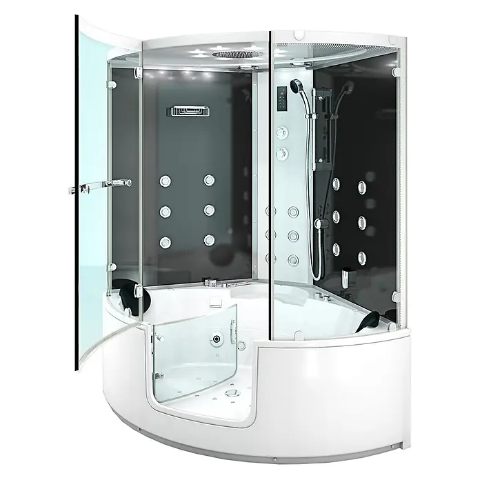 AcquaVapore Komplettdusche Dampfdusche K60-SW-EH-EC-SC - Schwarz - Weiße und schwarze moderne Duschkabine mit Klarglastüren, Hydromassagedüsen und integrierter Badewanne.