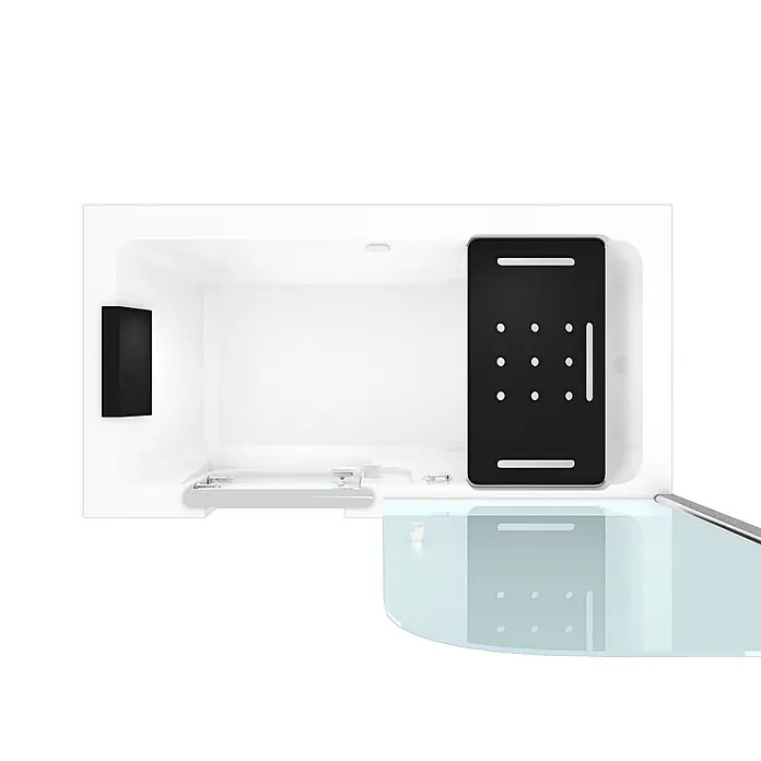 AcquaVapore Komplettdusche Fertigdusche S15D-L-EC - 150 x 75 x 215 cm, Weiß - Weiße moderne Badewanne mit schwarzem Bedienfeld, schwarzer Kopfstütze und transparenter Glasabtrennung.
