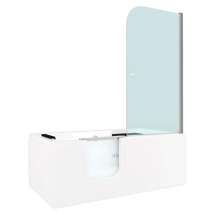 AcquaVapore Komplettdusche Fertigdusche S15D-L-EC - 150 x 75 x 215 cm, Weiß - Weiße Walk-in-Badewanne mit integrierter Einstiegstür und geschwungener Glas-Duschwand.
