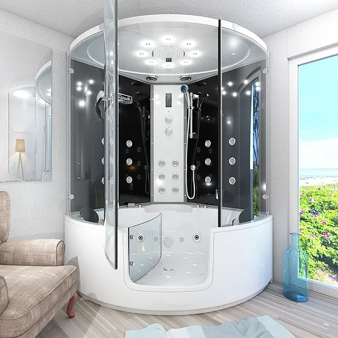 AcquaVapore Komplettdusche Dampfdusche K60-SW-EH-EC-SC - Schwarz - Eine große, moderne Duschkabine aus Glas und Weiß mit schwarzen Innenpaneelen und integrierter Badewanne in einem hellen Badezimmer.