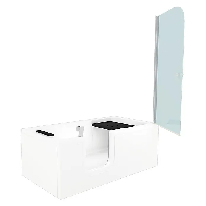 AcquaVapore Komplettdusche Fertigdusche S15D-L-EC - 150 x 75 x 215 cm, Weiß - Weiße begehbare Badewanne mit integriertem schwarzem Sitz, Chromarmatur und klarer Glasduschabtrennung.