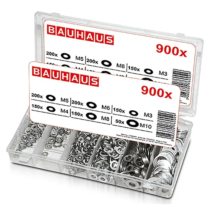 BAUHAUS Beilagscheiben-Sortiment - 900 Stk., Metall - Eine transparente Box mit dem Bauhaus 900x Unterlegscheiben-Sortiment in verschiedenen Größen, perfekt für Heimwerker und Profis.