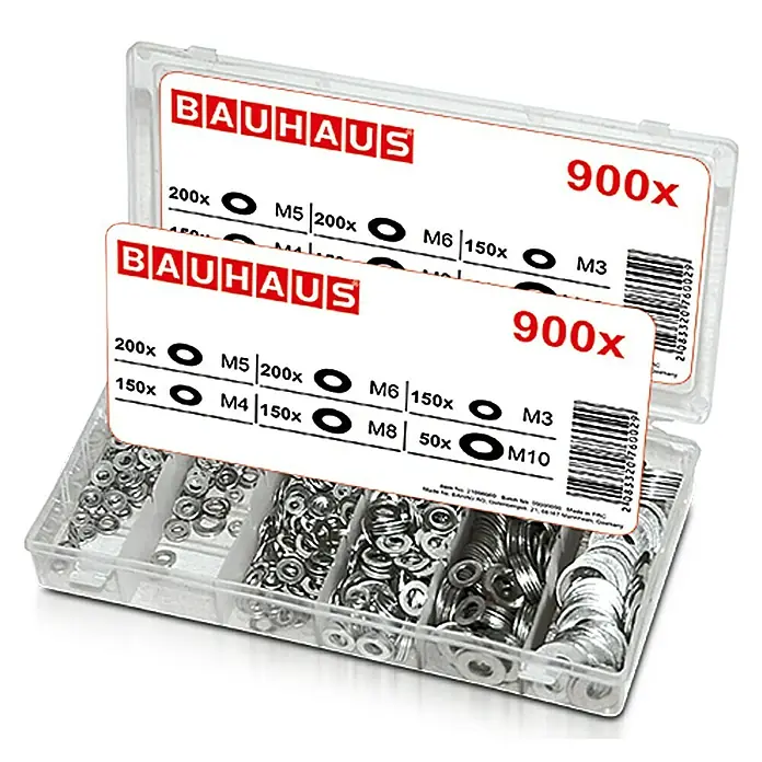 BAUHAUS Beilagscheiben-Sortiment - 900 Stk., Metall - Eine transparente Box mit dem Bauhaus 900x Unterlegscheiben-Sortiment in verschiedenen Größen, perfekt für Heimwerker und Profis.