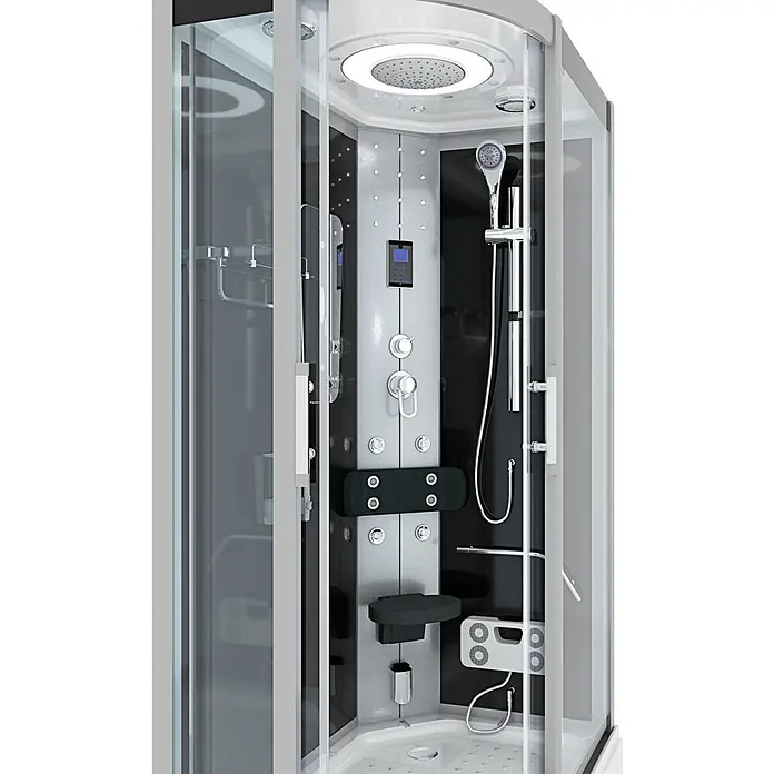 AcquaVapore Komplettdusche Dampfdusche D60-73T2L-EC - Schwarz - Moderne, multifunktionale Duschkabine mit Glaswänden, weißen/schwarzen Paneelen, Chromarmaturen, Regendusche, Handbrause, Massagedüsen, Digitalsteuerung und Klappsitz.