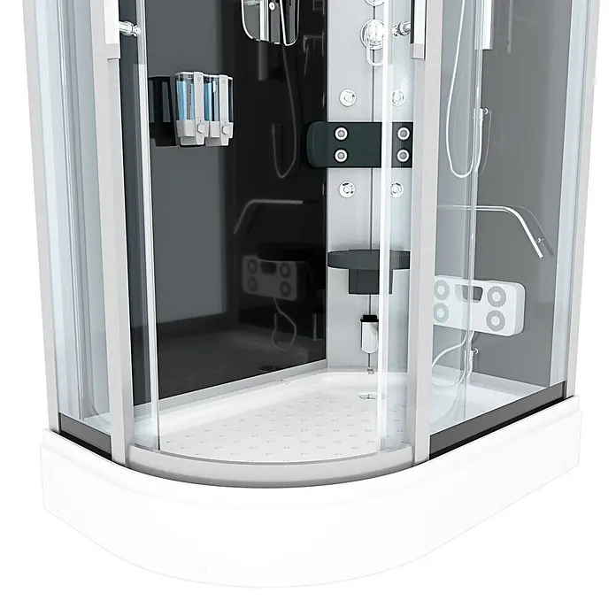 AcquaVapore Komplettdusche Dampfdusche D60-73T2L-EC - Schwarz - Eine moderne Eckduschkabine mit Klarglastüren, weißem Rahmen und Sockel, dunkler Rückwand, integrierten Duscharmaturen und Seifenspendern.