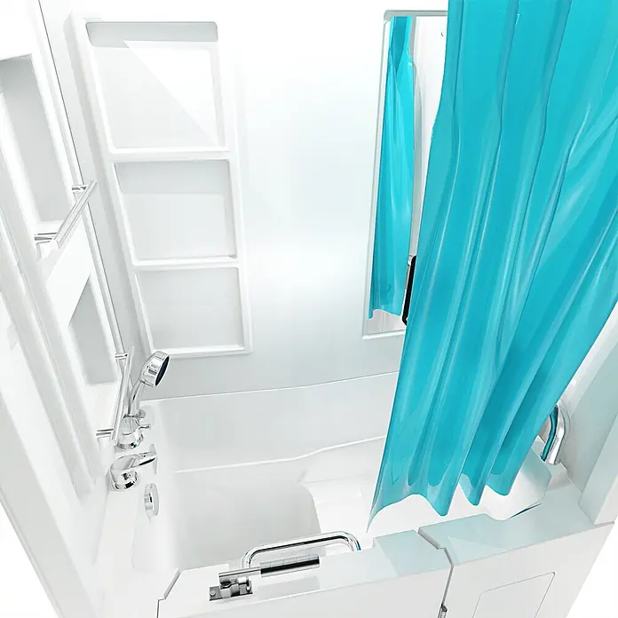 AcquaVapore Komplettdusche Fertigdusche S08D-A-R - Weiß - Weiße begehbare Badewanne mit Chromarmaturen, integrierten Ablagen und einem türkisfarbenen Duschvorhang für Barrierefreiheit.