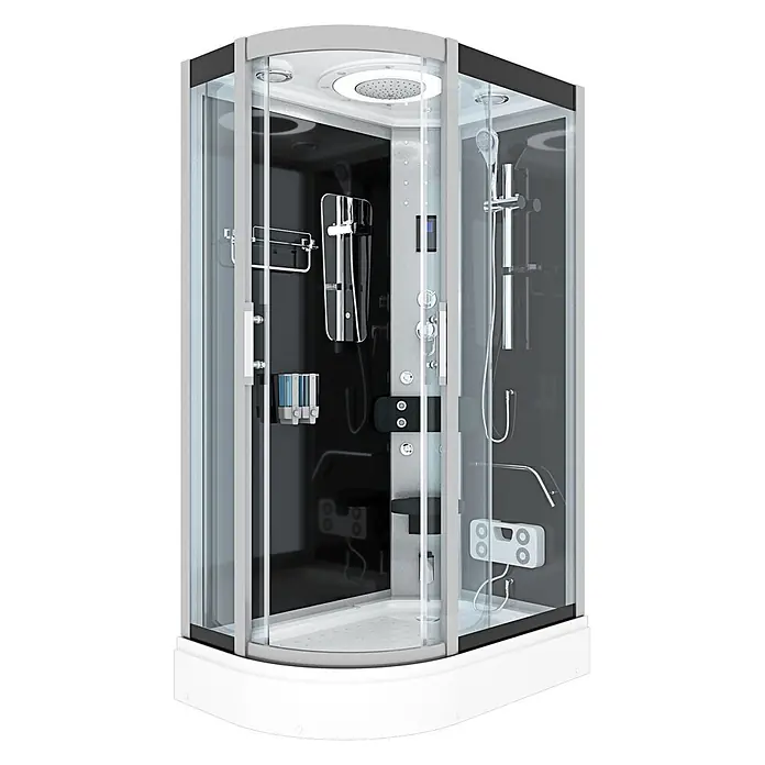 AcquaVapore Komplettdusche Dampfdusche D60-73T2L-EC - Schwarz - Moderne Eckduschkabine aus Klarglas, grauem Rahmen und dunklem Interieur, mit Hydromassagedüsen, Kopf- und Handbrause und integriertem Sitz.