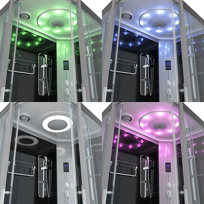 AcquaVapore Komplettdusche Dampfdusche D60-73T2L-EC - Schwarz - Moderne Duschkabine mit transparenter Glaswand, dunkler Rückwand und LED-Stimmungsbeleuchtung in verschiedenen Farben.