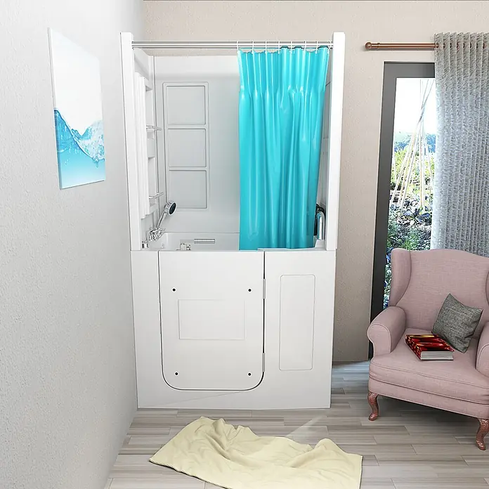 AcquaVapore Komplettdusche Fertigdusche S08D-A-R - Weiß - Weiße Badewanne mit Einstiegstür und helltürkisem Duschvorhang für barrierefreies Baden.