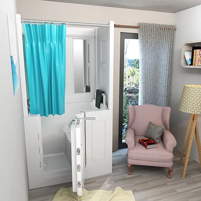 AcquaVapore Komplettdusche Fertigdusche S08D-A-R - Weiß - Weiße barrierefreie Badewanne mit geöffneter Tür, Haltegriffen und hellblauem Duschvorhang in einem Badezimmer.