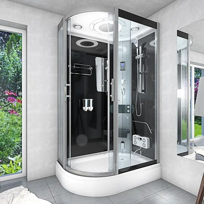 AcquaVapore Komplettdusche Dampfdusche D60-73T2L-EC - Schwarz - Eckdampfduschkabine mit schwarzen Rückwänden, klaren Glastüren und weißem Sockel, in einem modernen Bad.