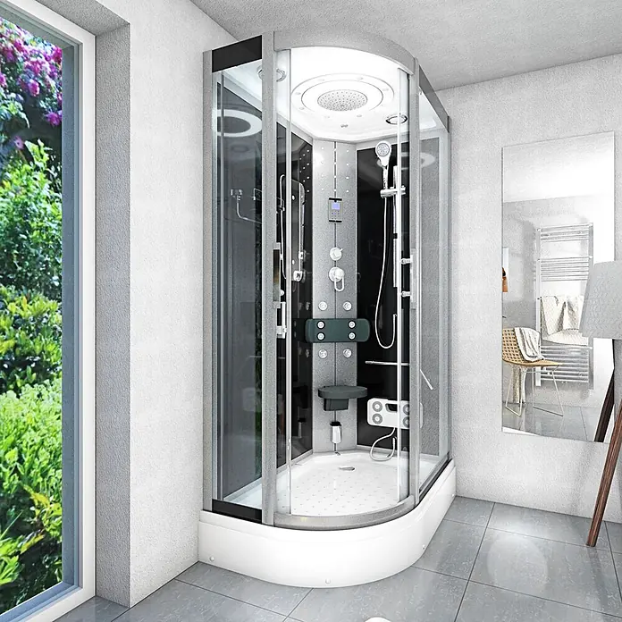 AcquaVapore Komplettdusche Dampfdusche D60-73T2L-EC - Schwarz - Moderne Eckduschkabine mit weißem Sockel und grau/schwarzem Multifunktionsinterieur in einem hellen Badezimmer.