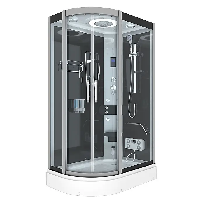 AcquaVapore Komplettdusche Dampfdusche D60-73T2L-EC - Schwarz - Moderne Eckduschkabine mit Glastüren, dunkelgrauen Paneelen, mehreren Duschköpfen und integrierten Bedienelementen sowie Sitz.