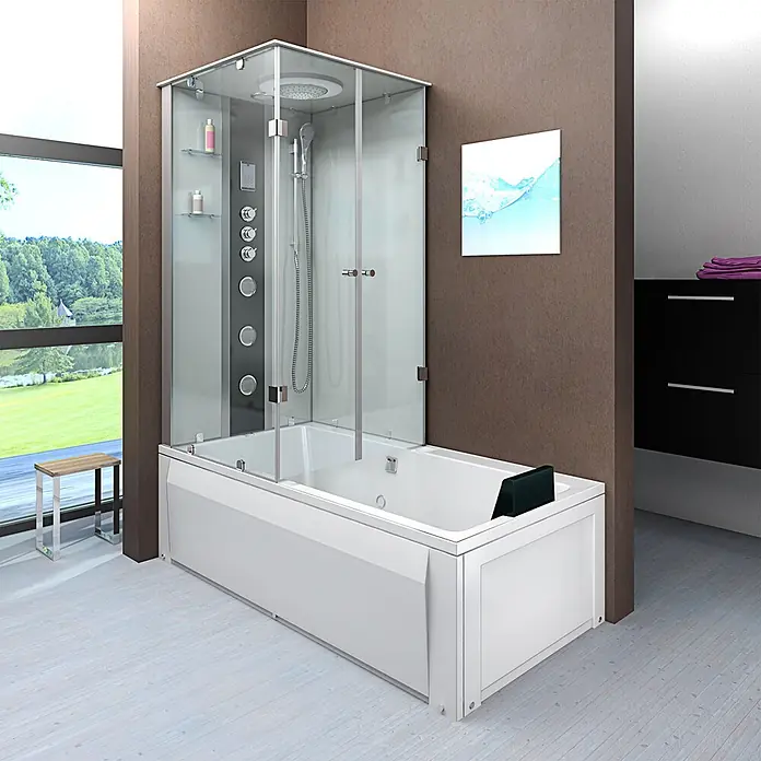 AcquaVapore Komplettdusche Fertigdusche K05-R03 - 90 x 180 x 225 cm, Weiß - Moderne weiße Badewanne-Duschkombination mit Glaswänden und Chromarmaturen in einem hellen Badezimmer.