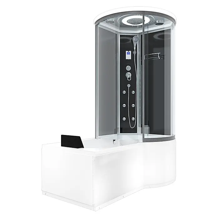 AcquaVapore Komplettdusche Fertigdusche K55-L31-EC - Schwarz - Moderne weiße und schwarze Eckduschkabine mit integrierter Badewanne, Massagedüsen und Regendusche.