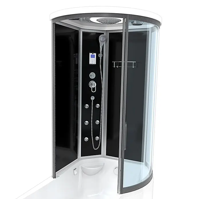 AcquaVapore Komplettdusche Fertigdusche K55-L31-EC - Schwarz - Eckduschkabine mit schwarzer Rückwand, Klarglastüren, weißer Basis und Chrom-Multijet-Duschsystem.