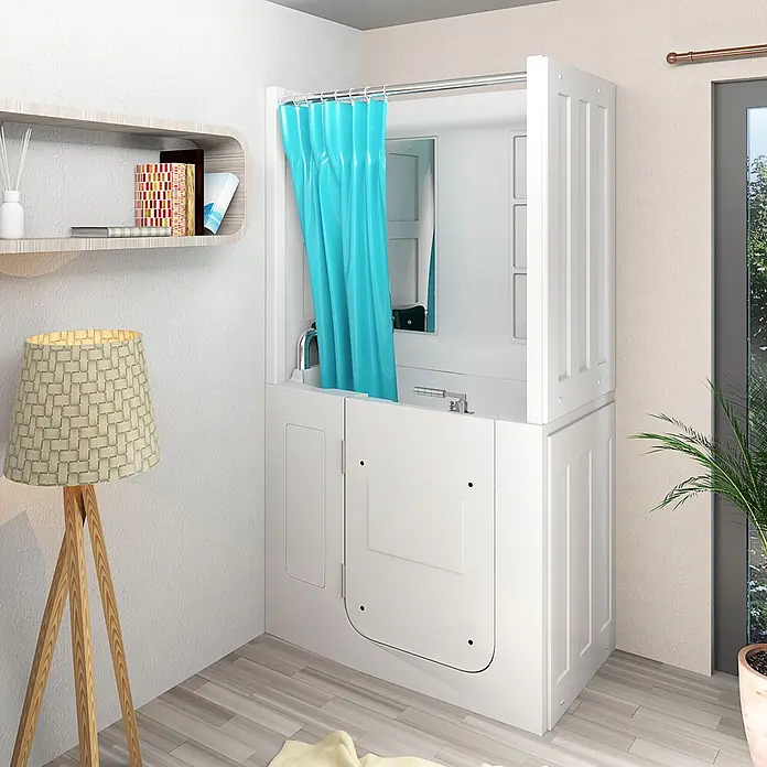 AcquaVapore Komplettdusche Fertigdusche S08D-A-L - 68 x 110 x 205 cm, Weiß - Barrierefreie weiße Badewanne und Dusche mit einem leuchtend türkisen Vorhang.