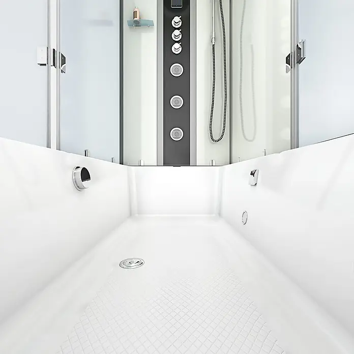 AcquaVapore Komplettdusche Fertigdusche K05-R03 - 90 x 180 x 225 cm, Weiß - Weiße Duschwanne mit rutschfestem Boden, integriert in eine moderne Duschkabine mit Chromarmaturen und Glastüren.