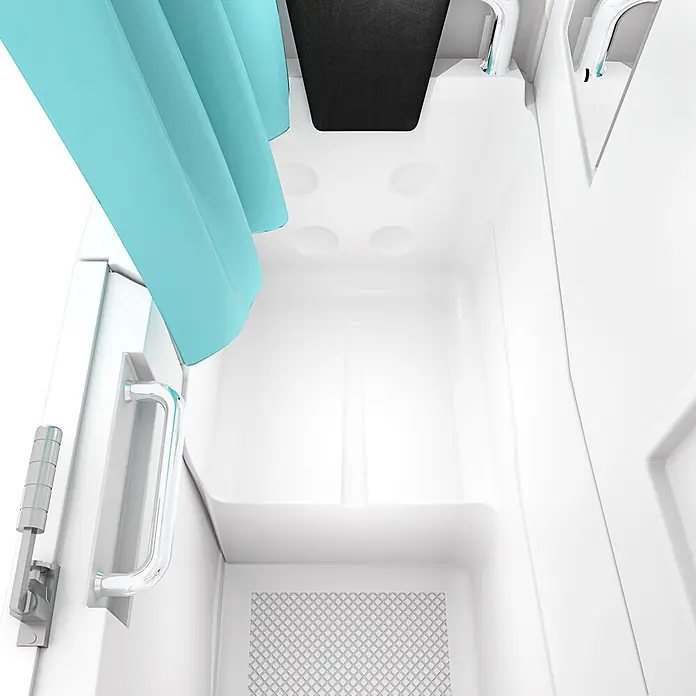 AcquaVapore Komplettdusche Fertigdusche S08D-A-L - Weiß - Innenansicht einer modernen weißen Duschkabine mit blauem Vorhang, Chromgriffen und Gitterboden.