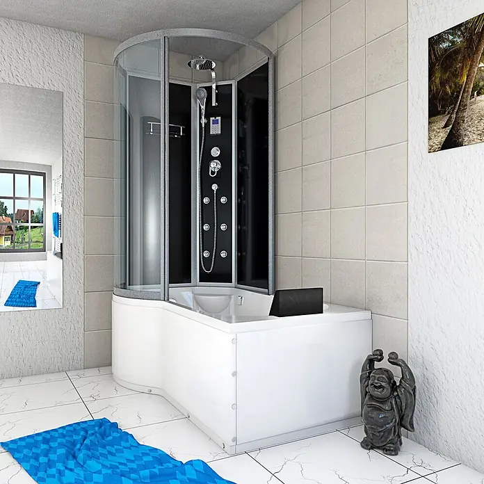 AcquaVapore Komplettdusche Fertigdusche K50-R31 - Schwarz - Eckduschkabine mit integrierter weißer Badewanne und dunkler Duschsäule, mit klarer Glasumrandung, in einem modernen Badezimmer.