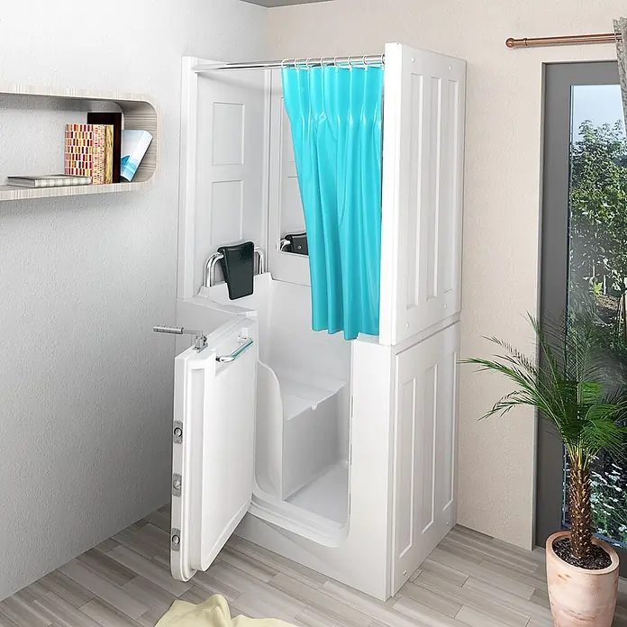 AcquaVapore Komplettdusche Fertigdusche S08D-A-L - Weiß - Weißer barrierefreier begehbarer Duschraum mit aufklappbarer Tür, Sitz und türkisem Vorhang in Badezimmerumgebung.