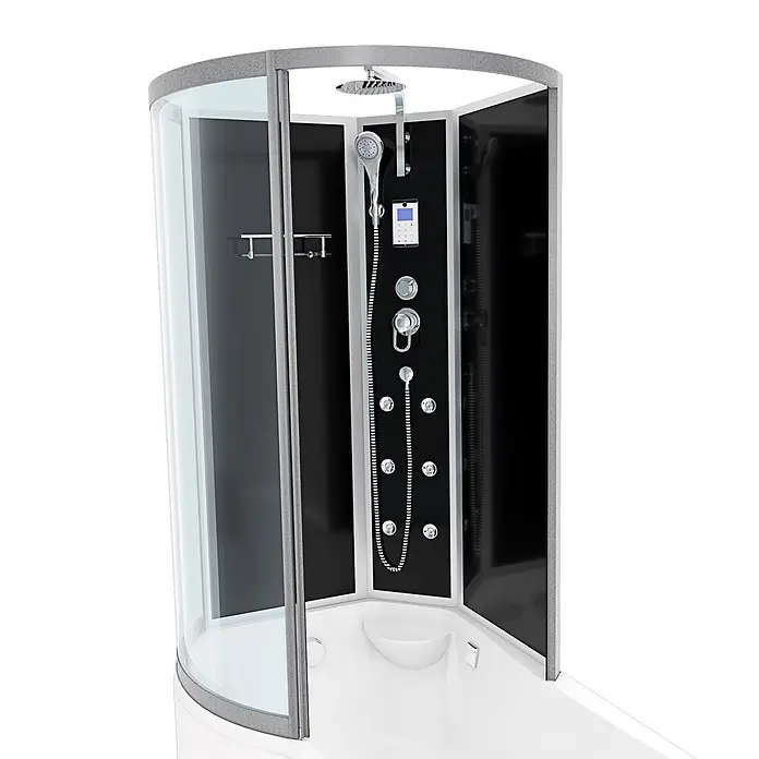AcquaVapore Komplettdusche Fertigdusche K50-R31 - Schwarz - Moderne Duschkabine mit Klarglas, schwarzen Paneelen, Chromarmaturen, Regendusche, Handbrause, Massagedüsen und weißer Wanne.