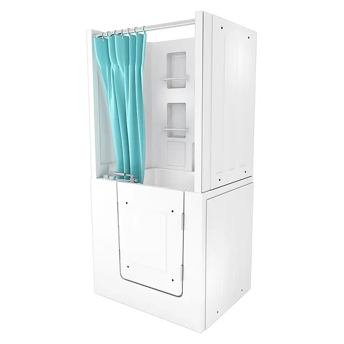 AcquaVapore Komplettdusche Fertigdusche S02D-A-R - 78 x 100 x 205 cm, Weiß - Weiße barrierefreie Badewanne und Duschkombination mit türkisfarbenem Vorhang.