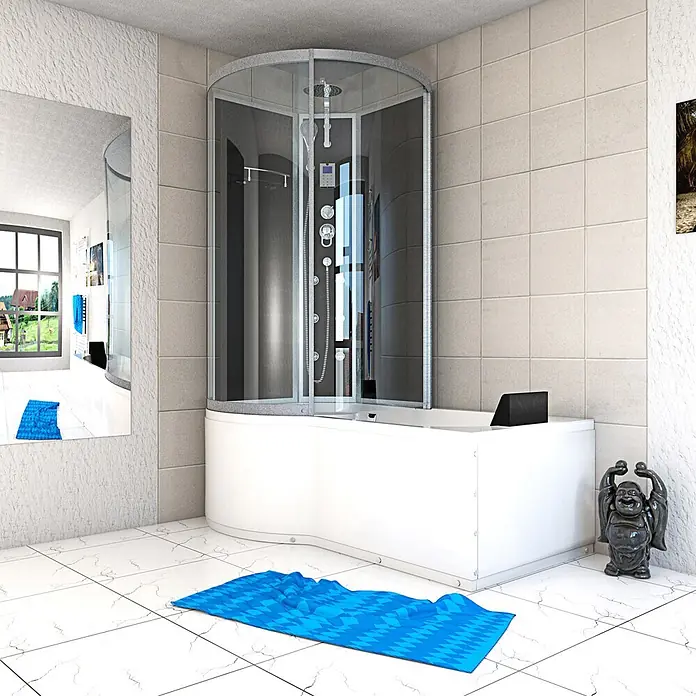 AcquaVapore Komplettdusche Fertigdusche K50-R31 - Schwarz - Eine weiße Eckbadewanne mit integrierter, gekrümmter Glasduschkabine in einem modernen Fliesenbad.