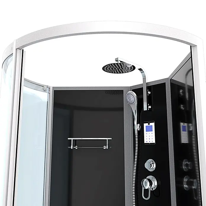 AcquaVapore Komplettdusche Fertigdusche K50-R31 - Schwarz - Moderne Duschkabine mit schwarzer Platte, Chromarmaturen (Regendusche, Handbrause, Bedienelemente) und Glaselementen.