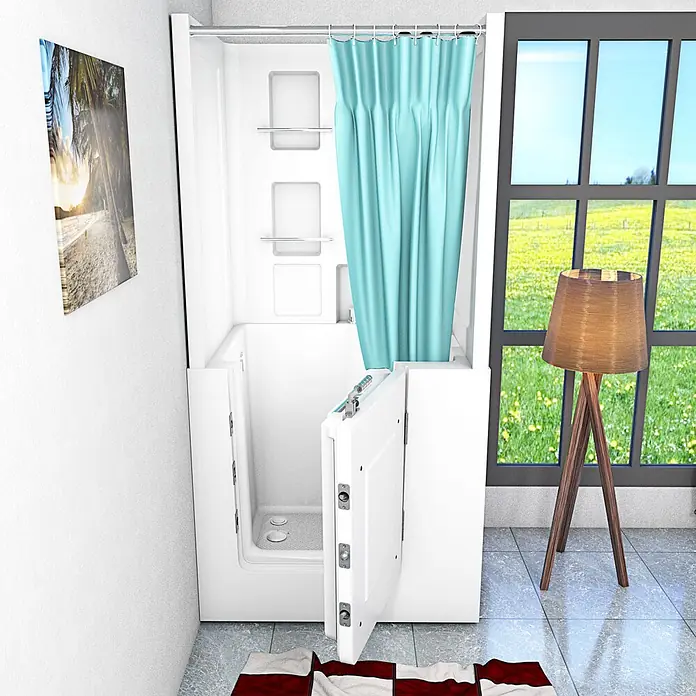 AcquaVapore Komplettdusche Fertigdusche S02D-A-R - 78 x 100 x 205 cm, Weiß - Weiße barrierefreie Badewanne mit offener Tür und türkisfarbenem Duschvorhang in einem modernen Badezimmer.