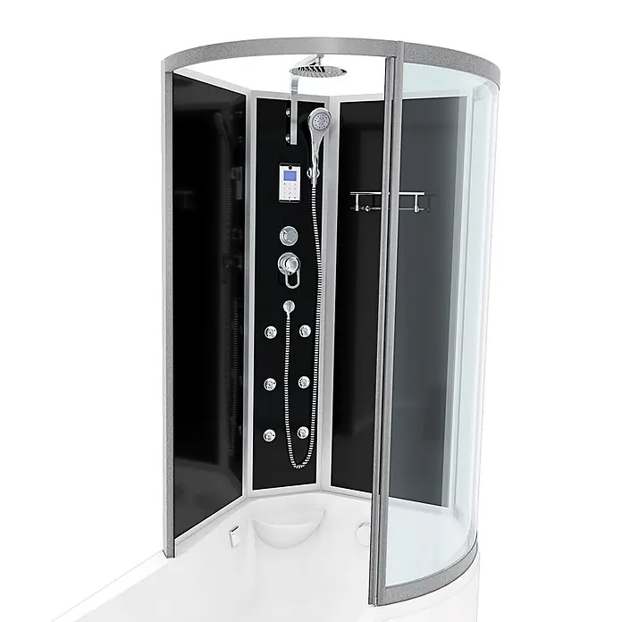 AcquaVapore Komplettdusche Fertigdusche K50-L31-EC - Schwarz - Moderne Duschkabine mit schwarzer Rückwand, integrierter Regendusche, Handbrause, Massagedüsen und gebogenen Glastüren. Mit grauem Rahmen.