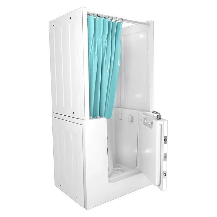 AcquaVapore Komplettdusche Fertigdusche S02D-A-R - 78 x 100 x 205 cm, Weiß - Weiße begehbare Dusche mit offener Tür und hellblauem Duschvorhang.