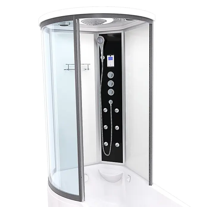 AcquaVapore Komplettdusche Fertigdusche K55-R03-EC - Weiß - Moderne weiße und schwarze Hydromassage-Duschkabine mit transparenten gebogenen Glastüren, Kopfbrause, Handbrause und Bedienfeld.