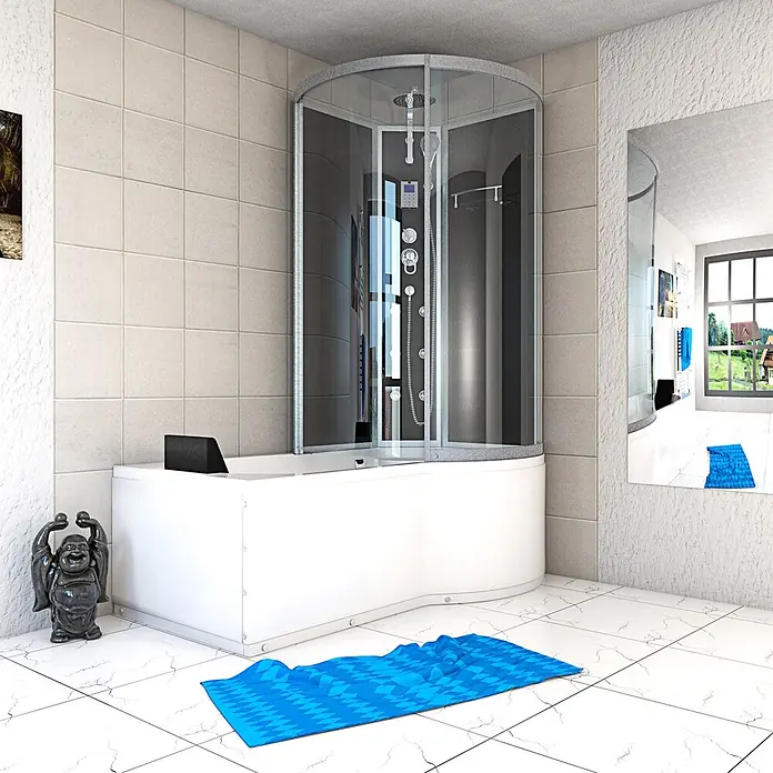 AcquaVapore Komplettdusche Fertigdusche K50-L31-EC - Schwarz - Moderne Eckduschkabine mit integrierter weißer Badewanne und Glasabtrennung, platzsparend für Bäder.