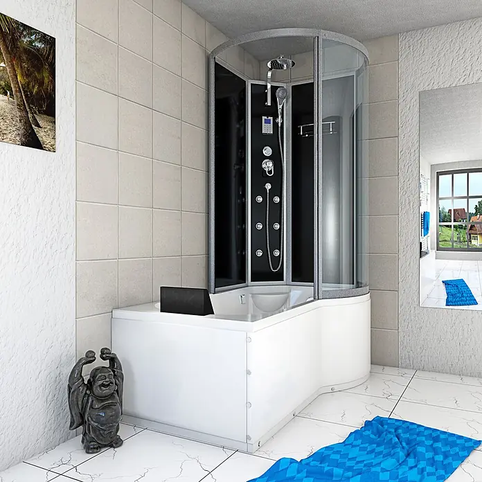 AcquaVapore Komplettdusche Fertigdusche K50-L31-EC - Schwarz - Moderne weiße Eckbadewanne mit integrierter schwarzer und gläserner Duschkabine in einem Badezimmer.