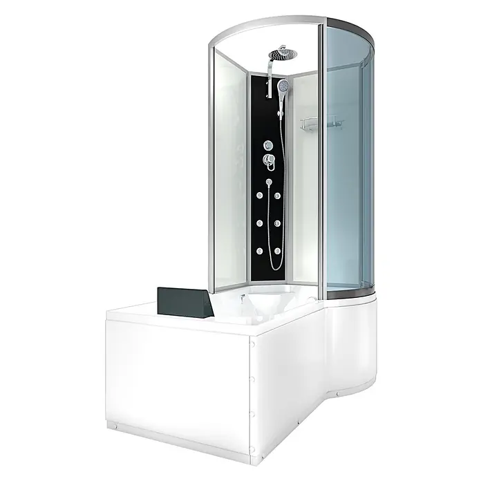 AcquaVapore Komplettdusche Fertigdusche K50-L00 - Weiß - Weiße Eckdusch-Badewannen-Kombination mit transparenten und opaken Paneelen, schwarzer Multifunktions-Duschsäule und Chromarmaturen.