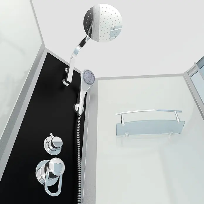 AcquaVapore Komplettdusche Fertigdusche K50-L00 - Weiß - Moderne Duschkabine mit schwarzer Platte, Kopf- und Handbrause, Chromarmaturen und Glasablage.