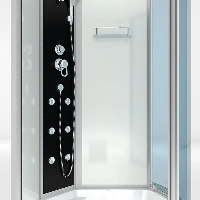 AcquaVapore Komplettdusche Fertigdusche K50-L00 - Weiß - Moderne Duschkabine mit schwarzem Hydromassage-Panel, Chromarmaturen und Glaswänden.