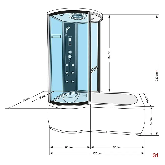 AcquaVapore Komplettdusche Fertigdusche K55-R03-EC - 98 x 170 x 220 cm, Weiß - Weiße Duschbadewanne mit Klarglas-Hydromassage-Duschkabine und grauem Rahmen.