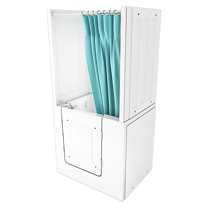 AcquaVapore Komplettdusche Fertigdusche S02D-TH-A-R - 78 x 100 x 205 cm, Weiß - Weiße begehbare Badewanne mit Seitentür und Duschvorhangstange mit türkisem Vorhang.