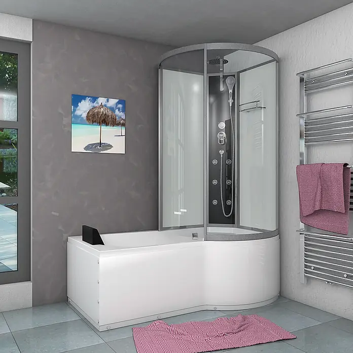 AcquaVapore Komplettdusche Fertigdusche K50-L00 - Weiß - Weiße Eckbadewanne mit integrierter Glasduschkabine, schwarzem Bedienfeld und silbernen Armaturen.