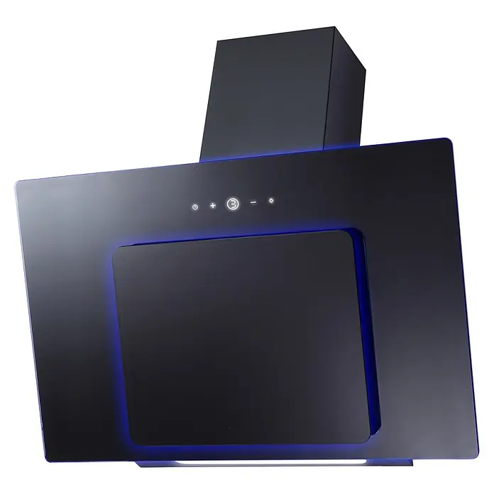 Wolkenstein Schräghaube WS7-90A+TCALX - Breite: 86 cm, Max. Gebläseleistung Abluftbetrieb: 370 m³/h, Schwarz - Elegante schwarze Dunstabzugshaube mit blauer LED-Akzentbeleuchtung und integrierten Touch-Bedienelementen für Leistung, Timer und Licht.