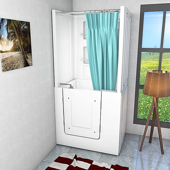AcquaVapore Komplettdusche Fertigdusche S02D-TH-A-R - 78 x 100 x 205 cm, Weiß - Weiße begehbare Badewanne mit türkisfarbenem Duschvorhang in einem modernen Bad, für einfachen Zugang.