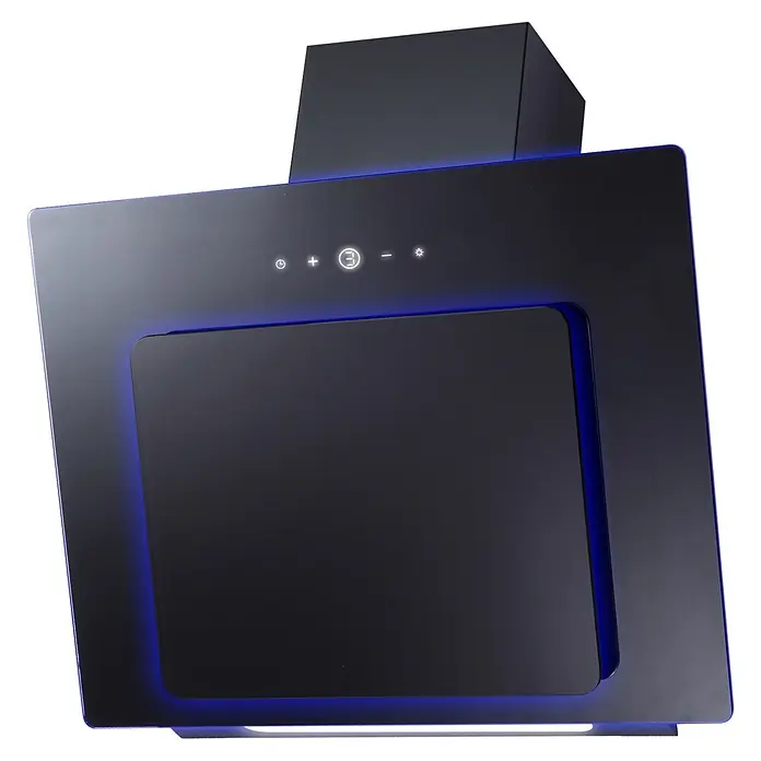 Wolkenstein Schräghaube WS7-60A+TCALX - Breite: 56 cm, Max. Gebläseleistung Abluftbetrieb: 370 m³/h, Schwarz - Schwarze Küchenhaube mit blauer LED-Beleuchtung und beleuchteten Touch-Bedienelementen.