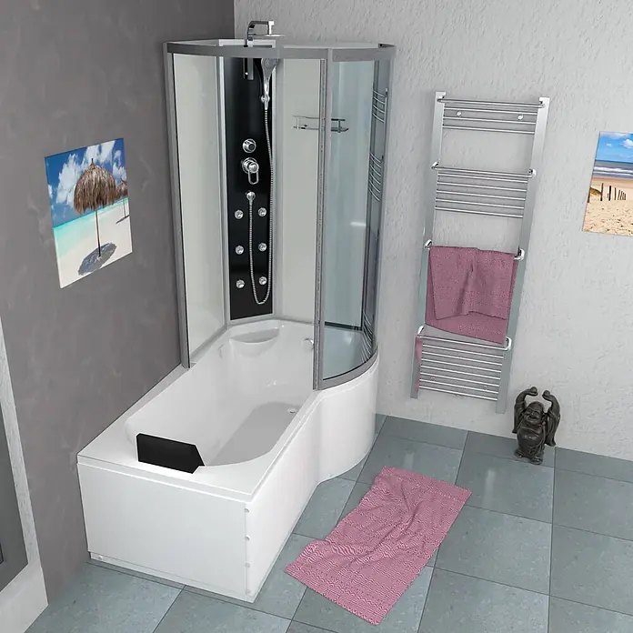 AcquaVapore Komplettdusche Fertigdusche K50-L00 - Weiß - Weiße Eckbadewanne mit integrierter Glas-Duschkabine und schwarzem Duschpaneel mit silbernen Armaturen.