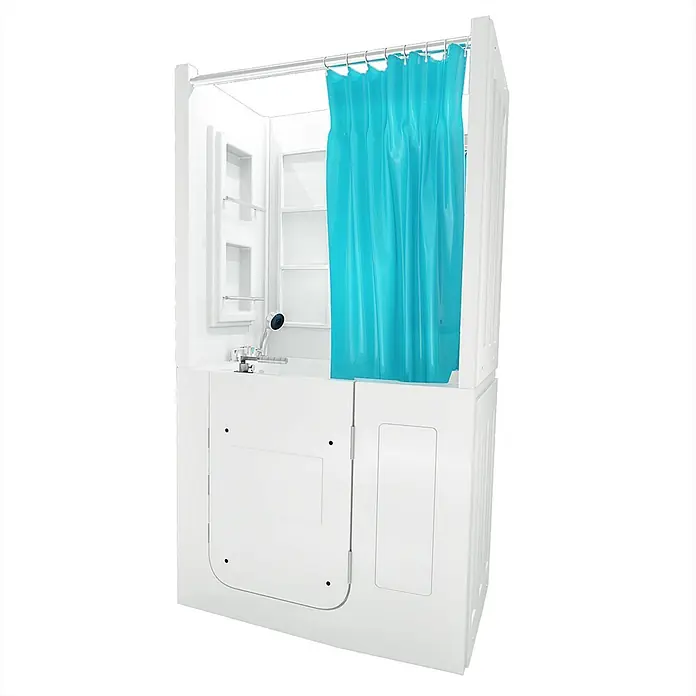 AcquaVapore Komplettdusche Fertigdusche S08D-C-R - Weiß - Weißer barrierefreier Badewannen-Dusch-Kombination mit integriertem blauem Duschvorhang.
