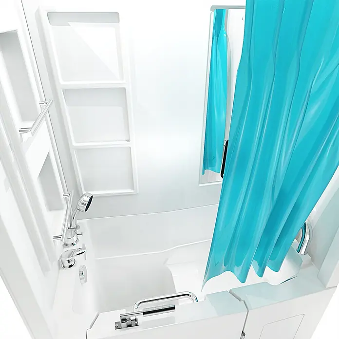 AcquaVapore Komplettdusche Fertigdusche S08D-C-R - Weiß - Weiße barrierefreie Badewanne mit Chromarmaturen und Ablagen, dazu ein türkiser Duschvorhang.