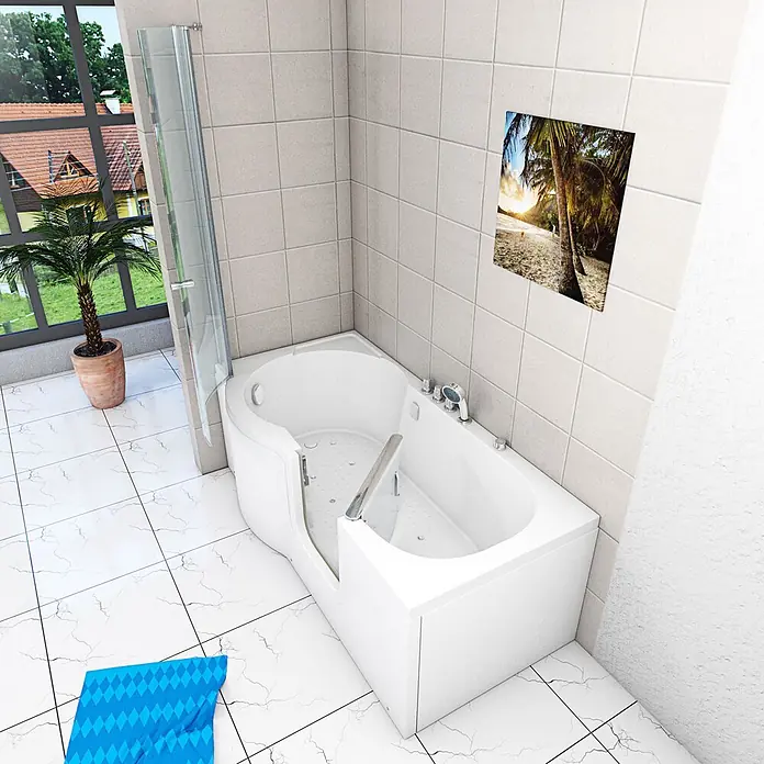 AcquaVapore Komplettdusche Fertigdusche S12D-TH-AIR-R-EC - 85 x 170 x 200 cm, Weiß - Weiße barrierefreie Badewanne mit Duschabtrennung in einem modernen Badezimmer, für einfachen Zugang.