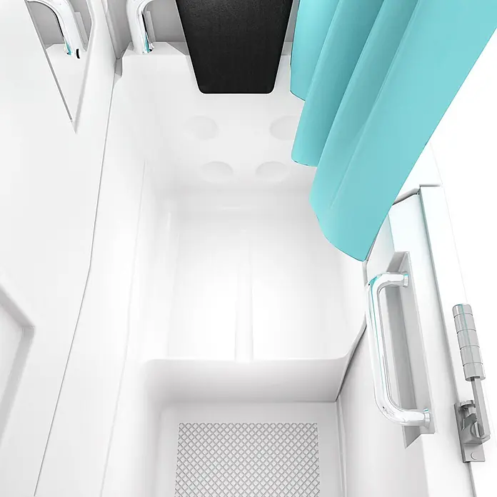 AcquaVapore Komplettdusche Fertigdusche S08D-C-R - Weiß - Innenansicht einer modernen, weißen Duschkabine mit aquablauem Vorhang, schwarzer Deckenplatte und Chromgriff.