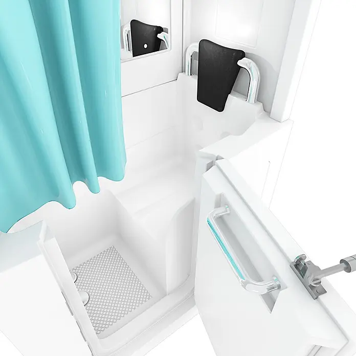 AcquaVapore Komplettdusche Fertigdusche S08D-C-R - Weiß - Weiße barrierefreie Duschkabine mit türkisem Vorhang, schwarzem Polstersitz, Chrom-Haltegriffen und rutschfestem Boden.